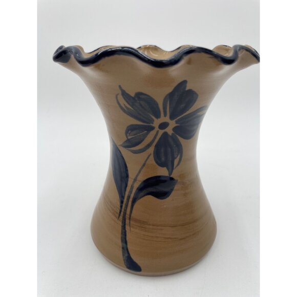 Vintage 1999 Williamsburg Pottery Vase Brown & Blue Floral Design 6" Tall - Picture 6 of 6